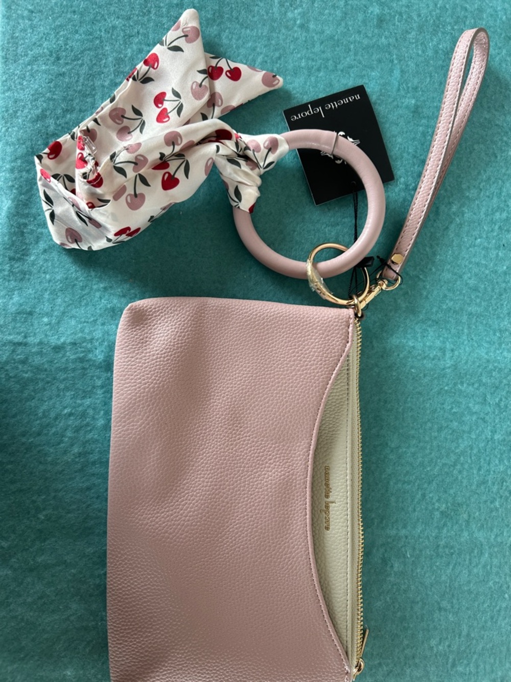 NWT Wristlet Clutch Bag - Blush Pink with Cherry Scarf
